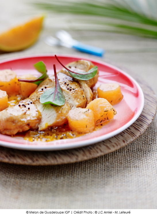 melon_de_guadeloupe_roti_a_la_verveine_avec_son_chutney_et_supreme_de_volaille_fermiere_des_landes