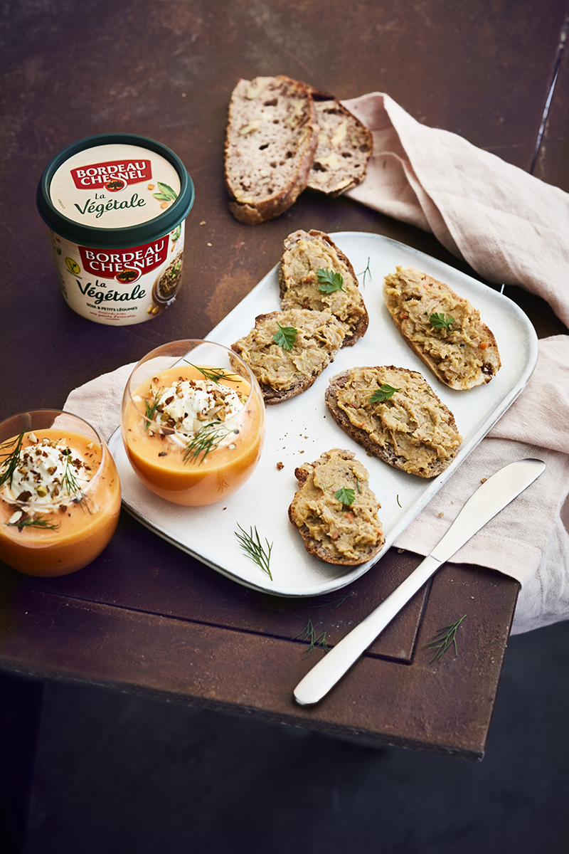 Tartines La Végétale, verrines gaspacho carotte espuma de chèvre