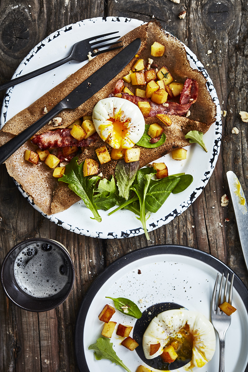 Galette paysanne pommes de terre rissolées, lard fumé œuf poché