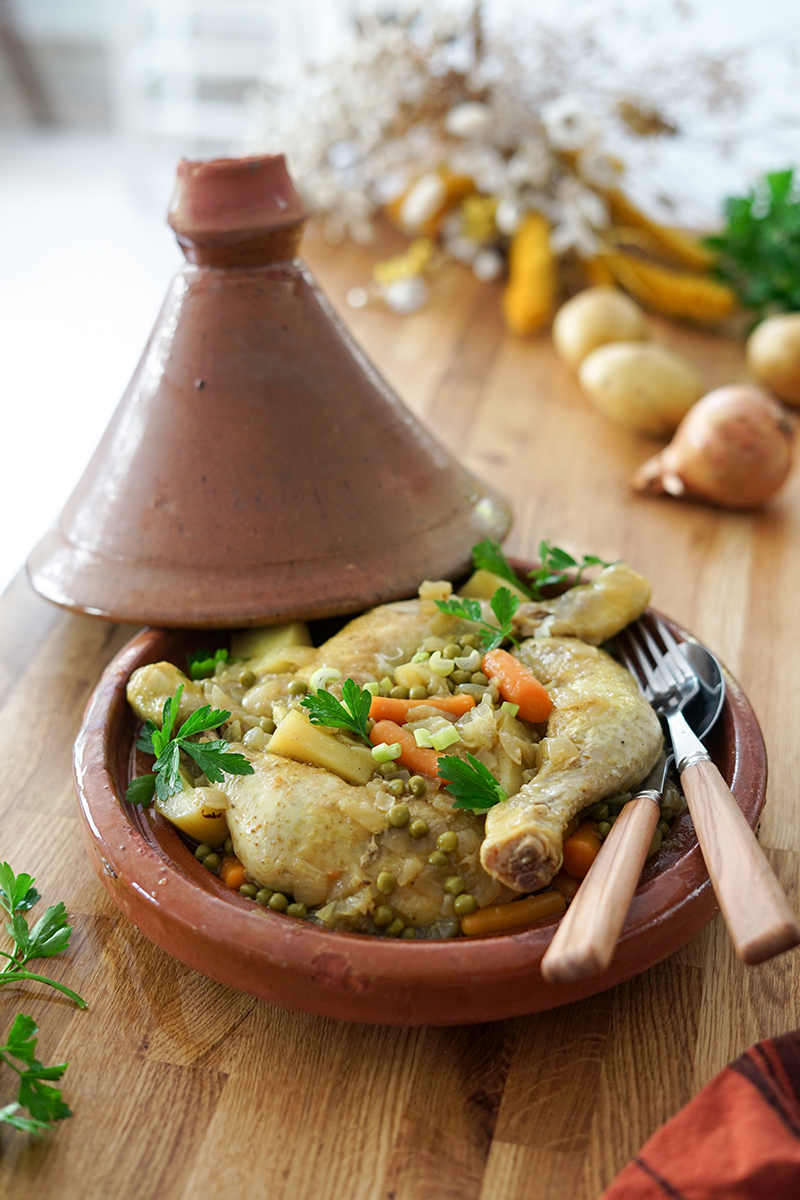 Tajine poulet petit pois carottes