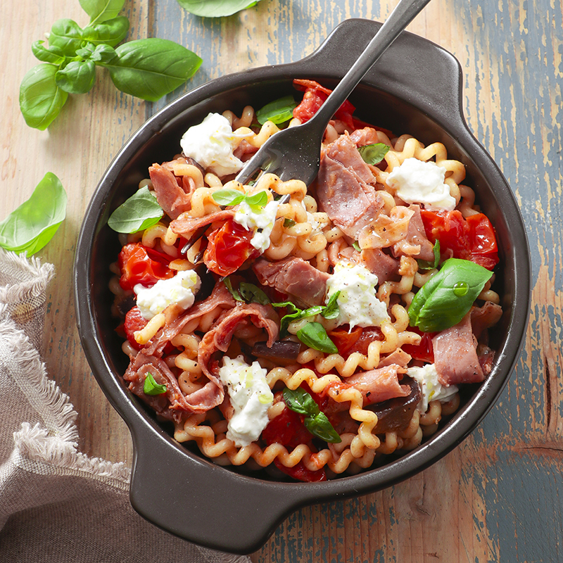 Fusilli Jambon de Parme, aubergines burrata