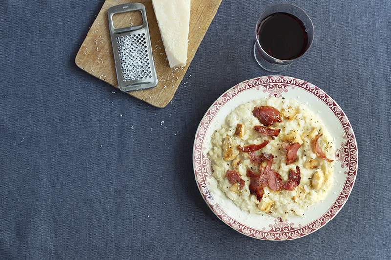Risotto poulet, pancetta grillée parmesan