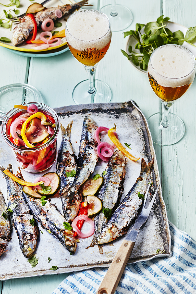 Sardines plancha pickles de légumes à la bière
