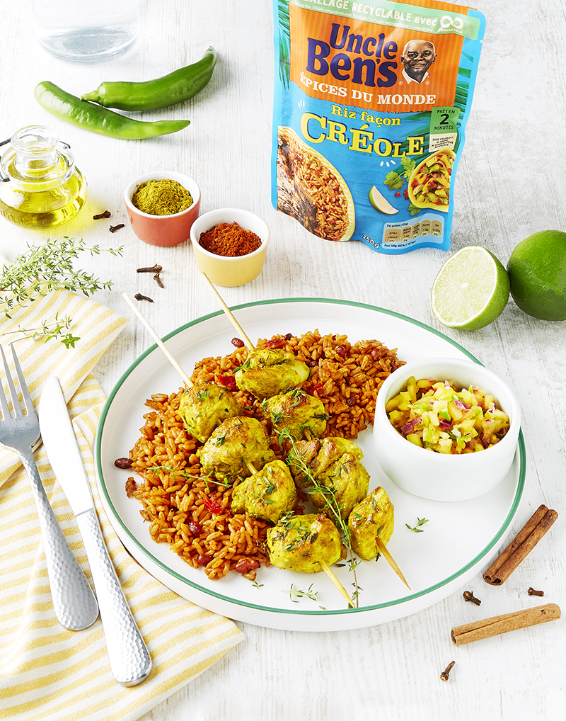 Brochettes de poulet créole rougail de mangue
