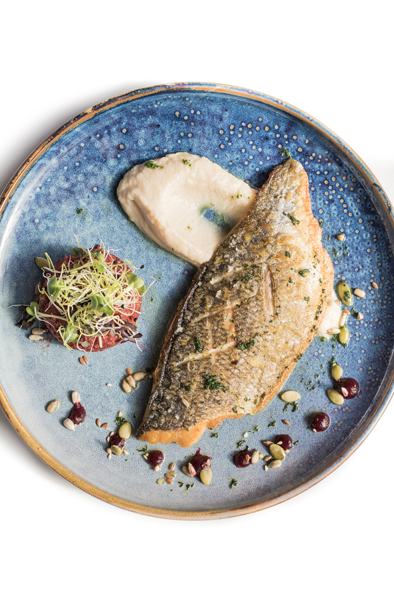 Dorade grillée, quinoa de betteraves purée de céleri