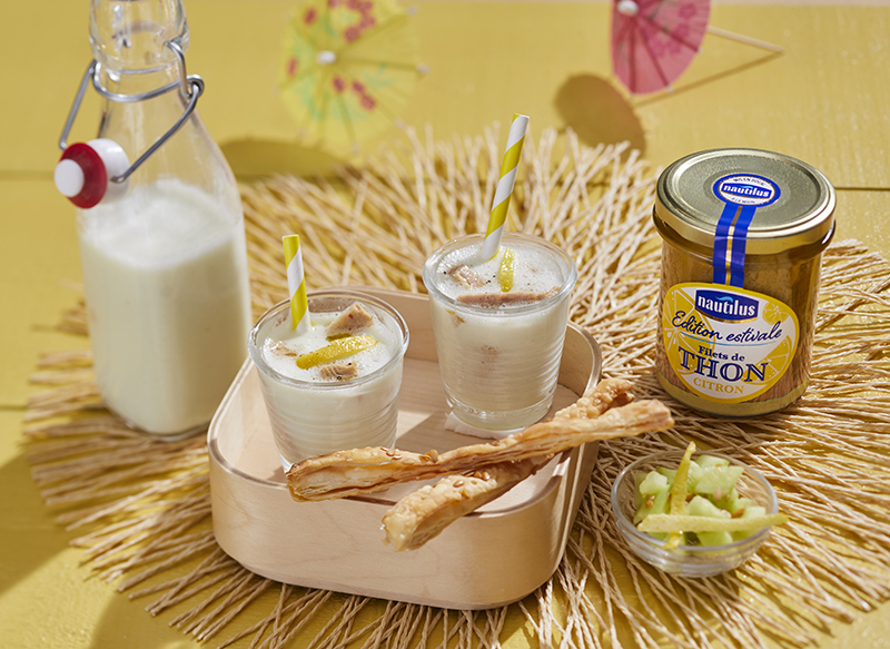 Smoothie concombre émietté de thon citron Nautilus gressin maison