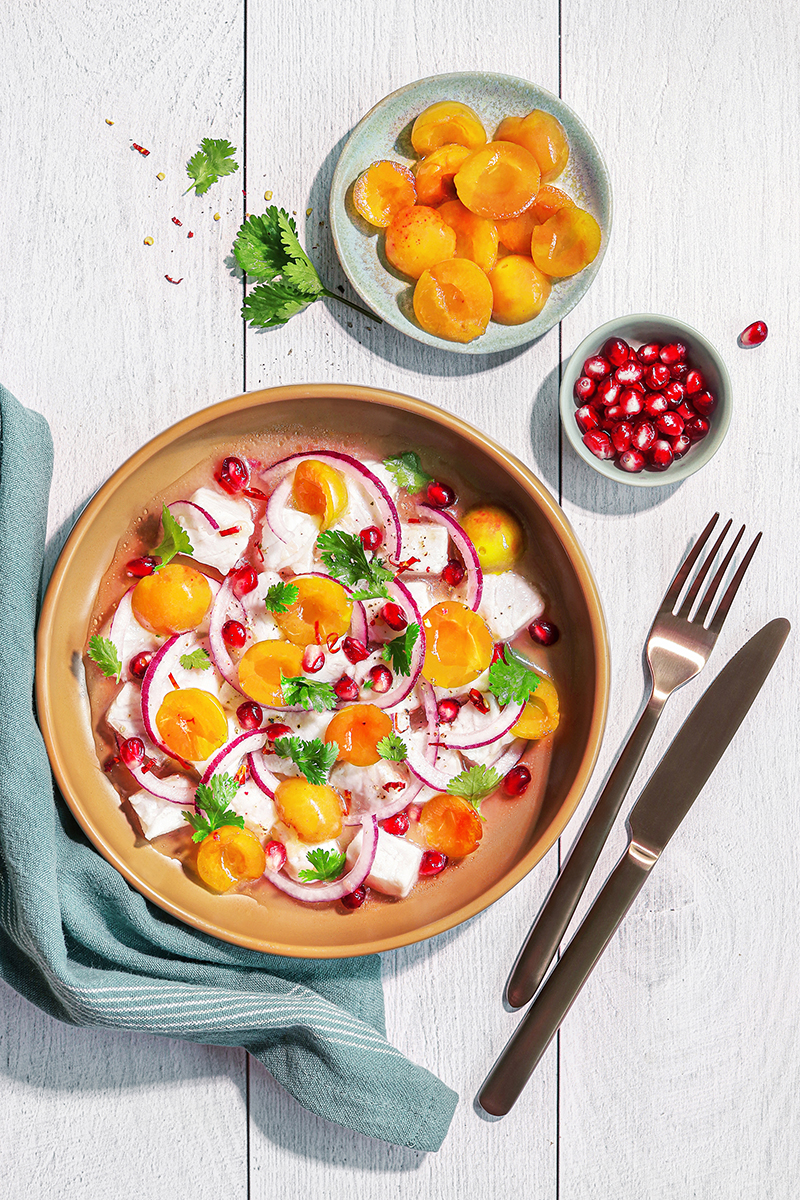 Ceviche de daurade agrumes, mirabelles de Lorraine grenade