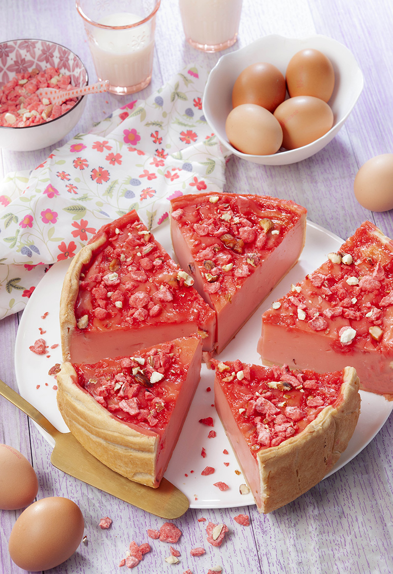 Flan pâtissier lait d’amandes, pralines roses fleur d’oranger