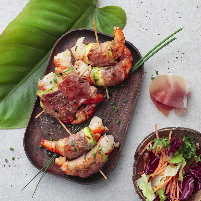 Brochettes de crevettes Jambon de Parme