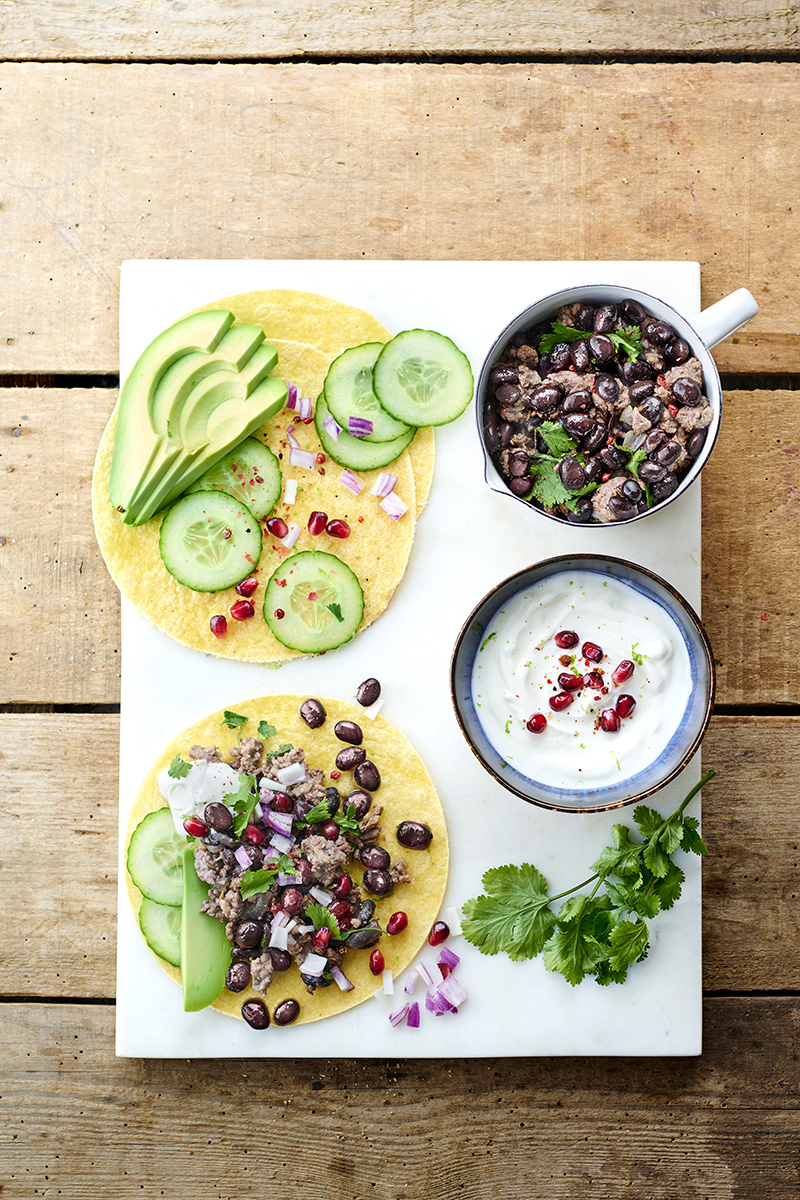 Tacos d’agneau haché haricots noirs et cumin
