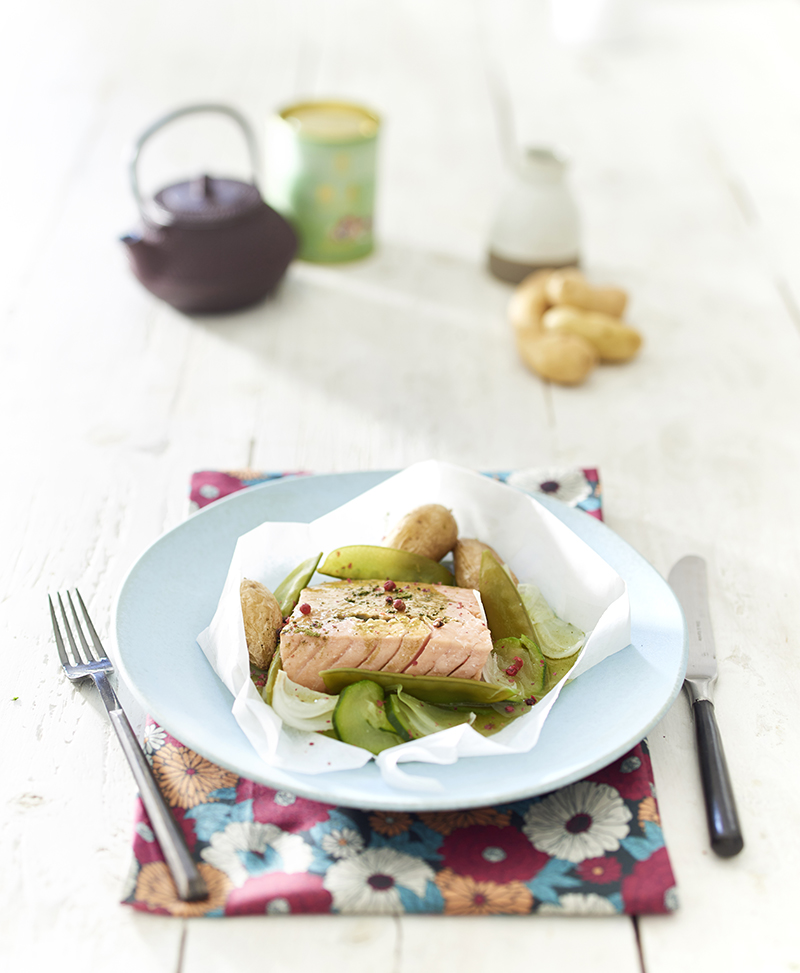 Papillote de saumon infusée thé matcha Ratte du Touquet rissolées