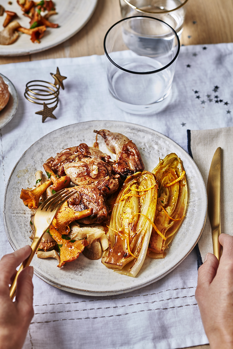 Endives braisées à l’orange, filet de cailles champignons et cognac