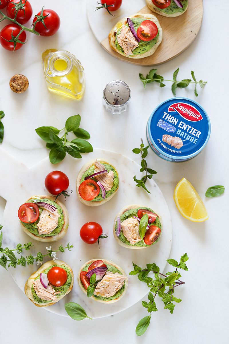 Mini pitas à la poêle, houmous vert Thon Entier Nature MSC Saupiquet