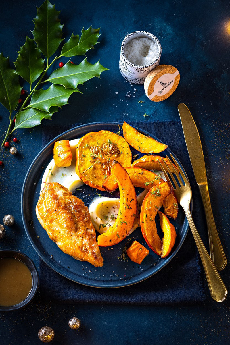 Suprême de volaille sauce vin jaune, purée de panais et courge rôtie Fleur de sel Le Guérandais
