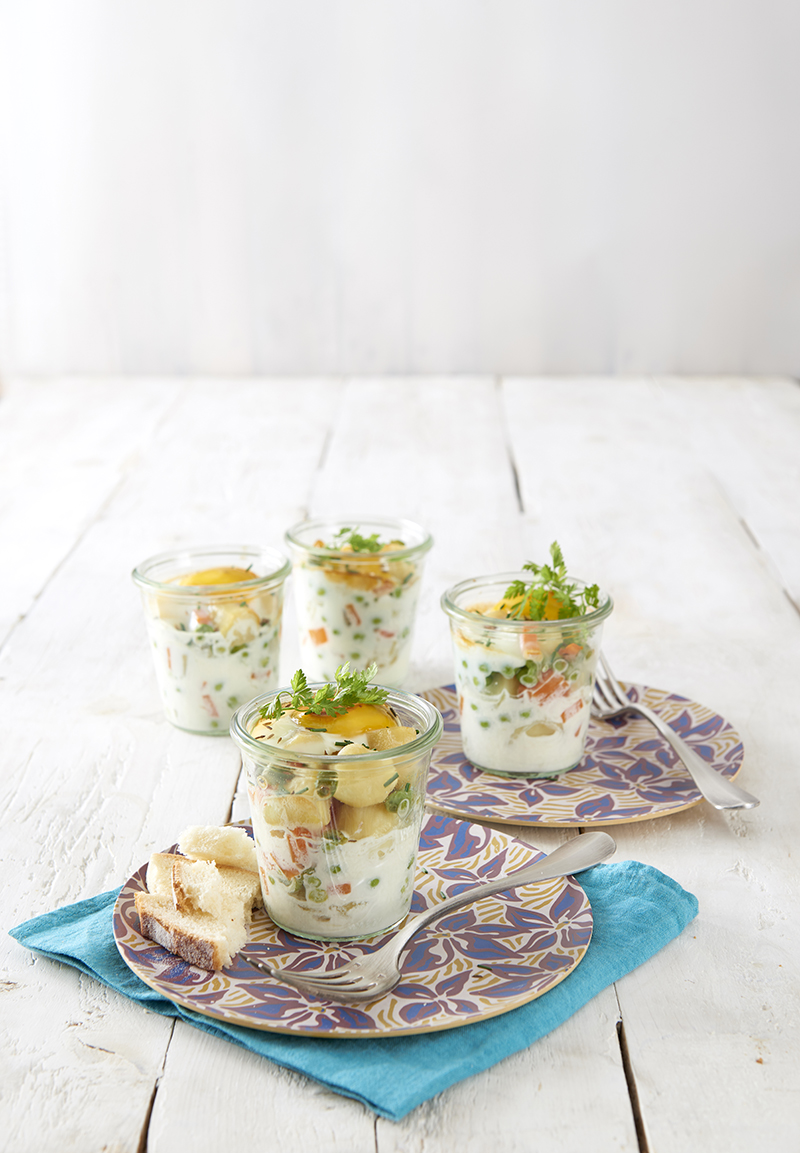 Œufs cocotte Ratte du Touquet, carotte petit pois