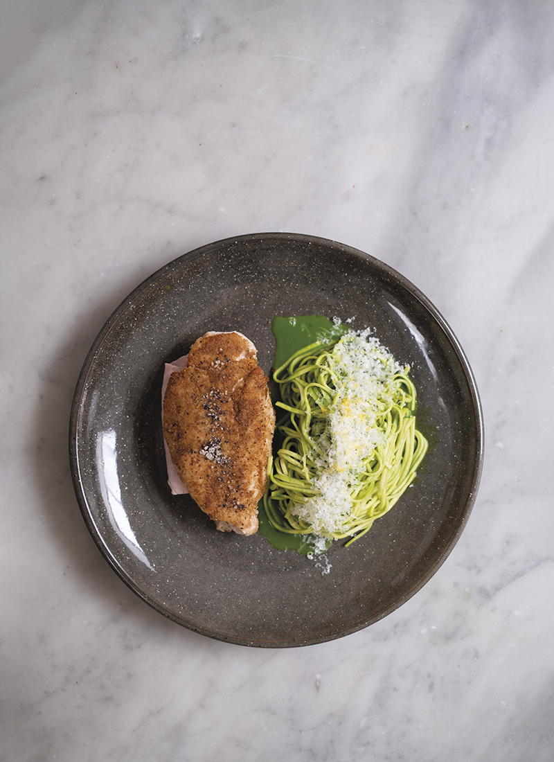 Poulet fermier Label Rouge façon cordon bleu jambon blanc linguine jus vert