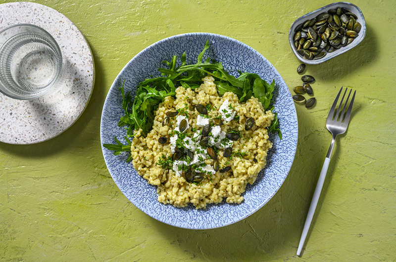 Risotto pesto et chèvre frais avec roquette et citron