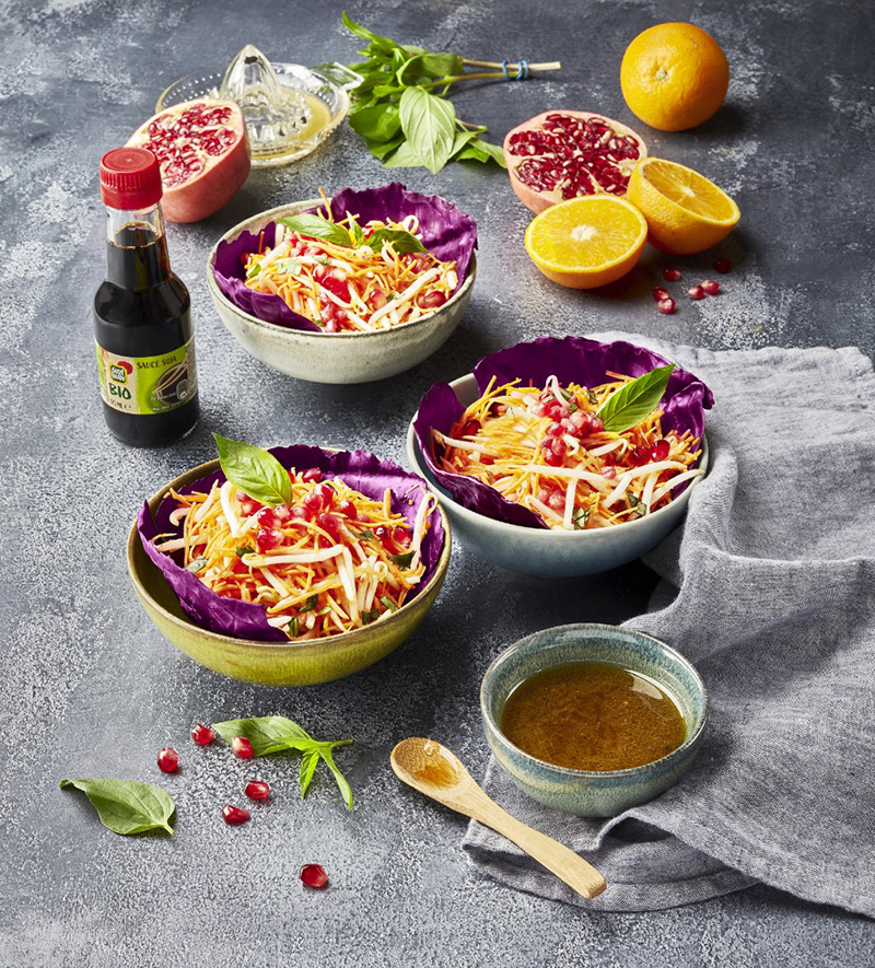 Salade de carottes, vinaigrette à l’orange à la sauce soja