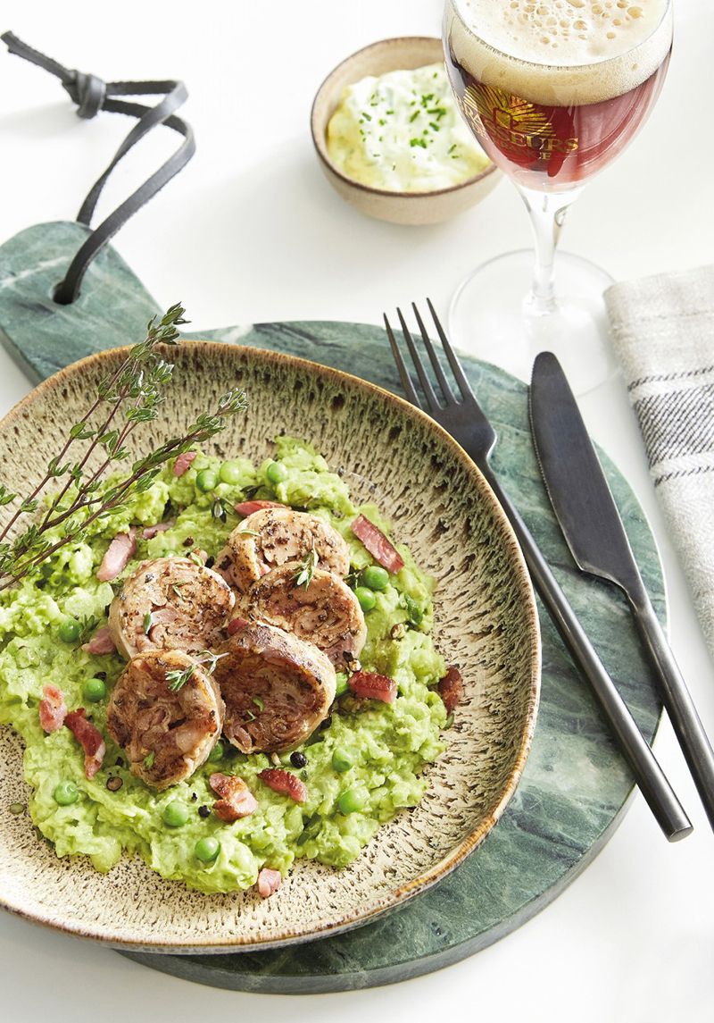 Andouillette purée de petits pois aux lardons