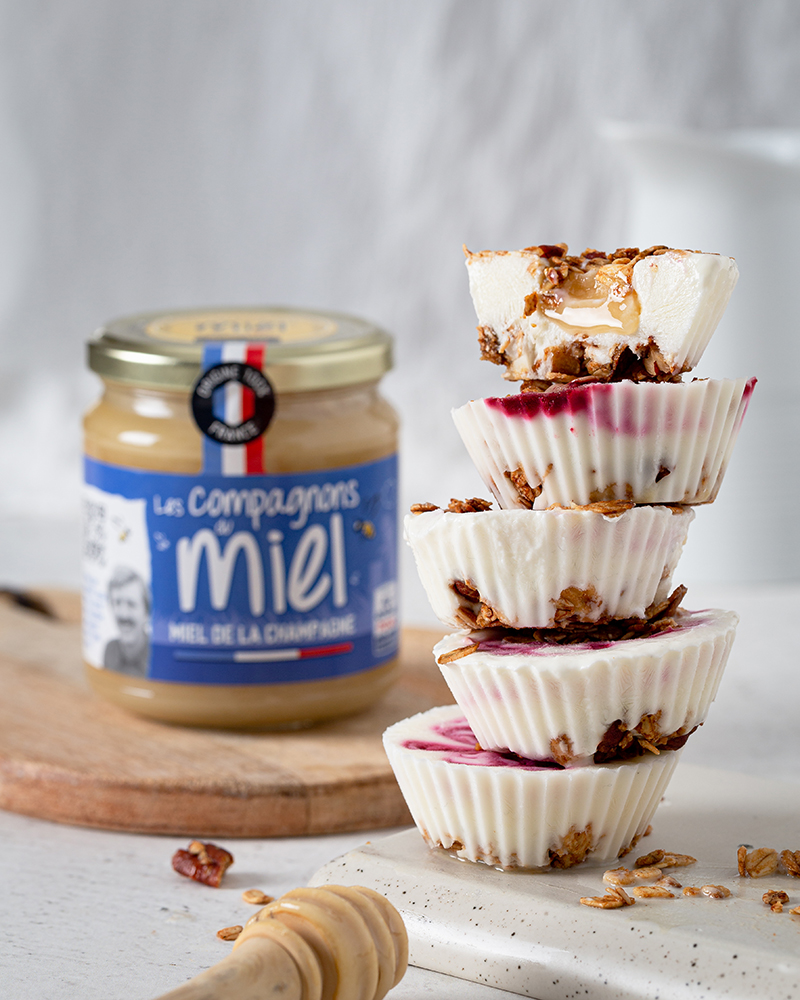 Mini yaourts glacés miel de la Champagne, granola fruits rouges