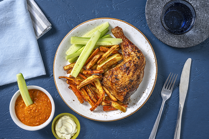 Poulet sauce piri-piri, frites de légumes et concombre