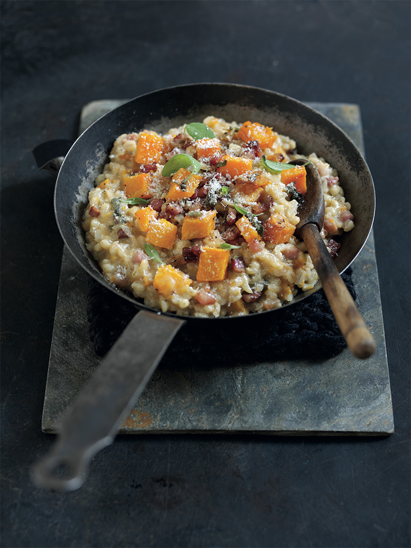 Risotto à l’orge, courge butternut et pancetta au Parmigiano Reggiano