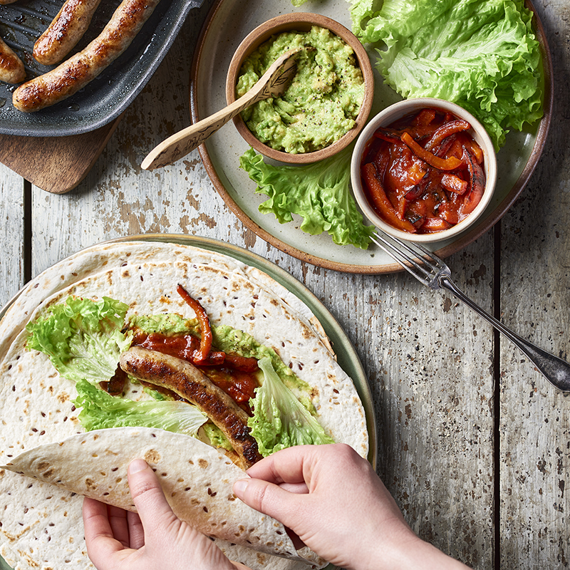 Fajitas chipolatas, guacamole poivrons