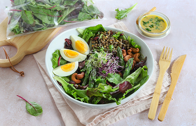 Salade composée jeunes pousses, lentilles vertes, asperges œufs durs