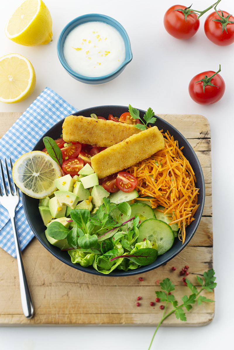 Buddha Bowl bâtonnets de poisson pané Croustibat