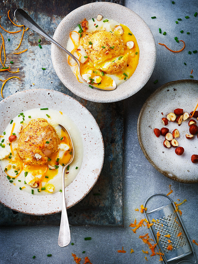 Œufs panés crème de chou-fleur noisette 