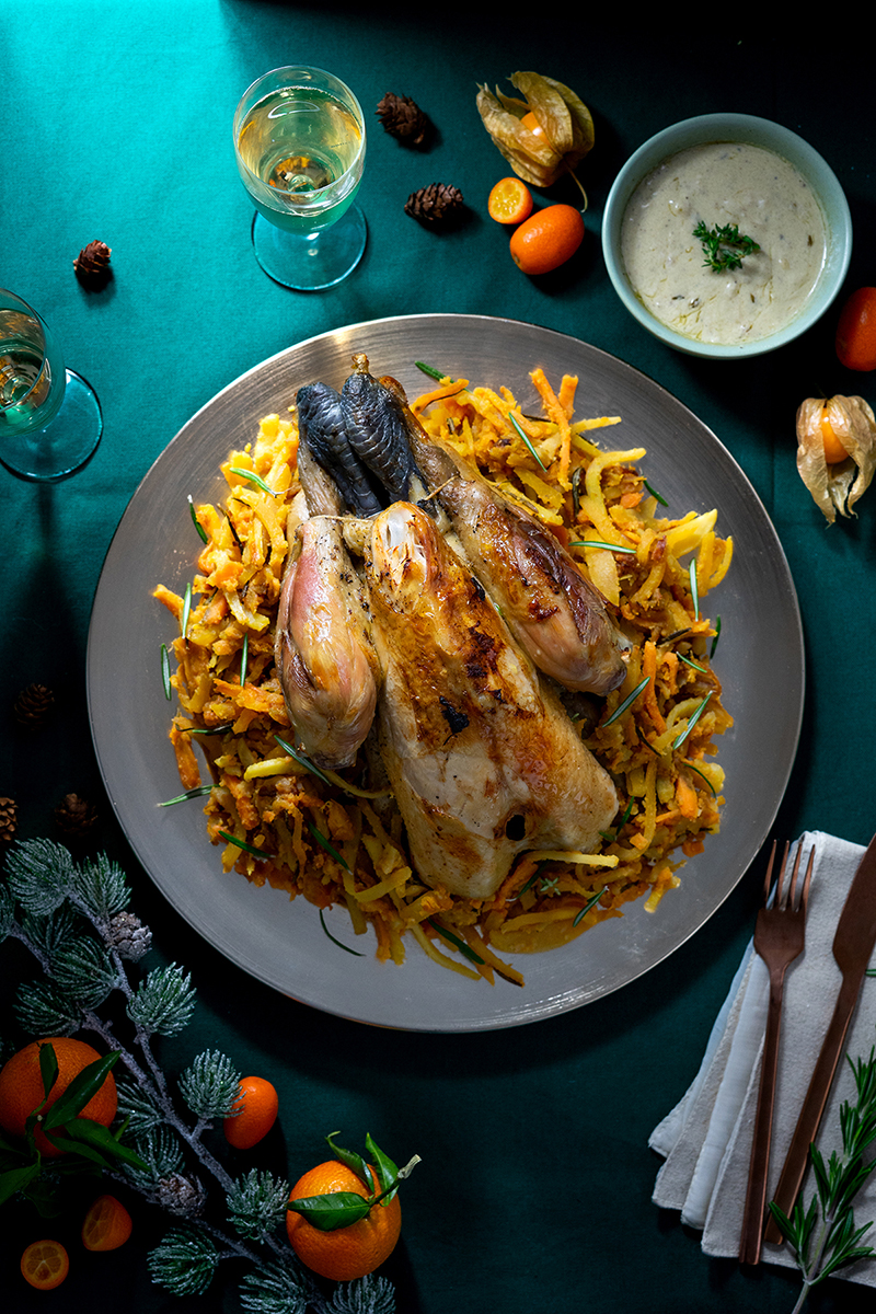 Poulet de Bresse champagne et légumes anciens