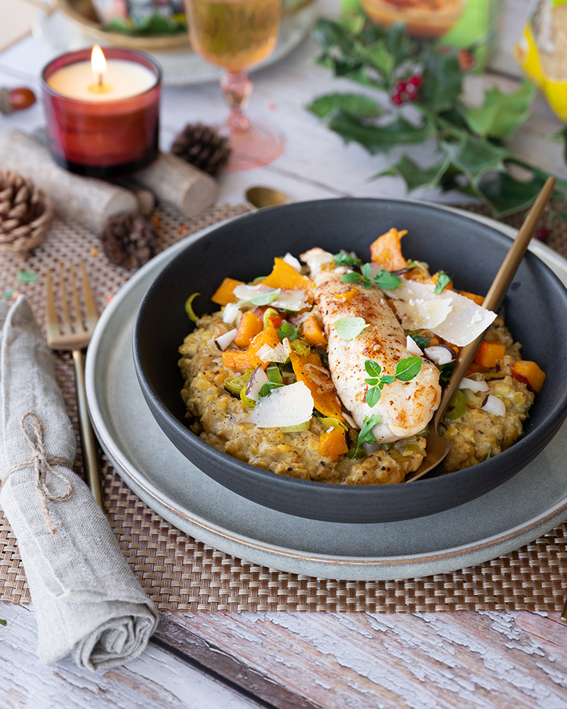 Risotto crémeux aux lentilles bicolores lait de coco, lotte légumes grillés