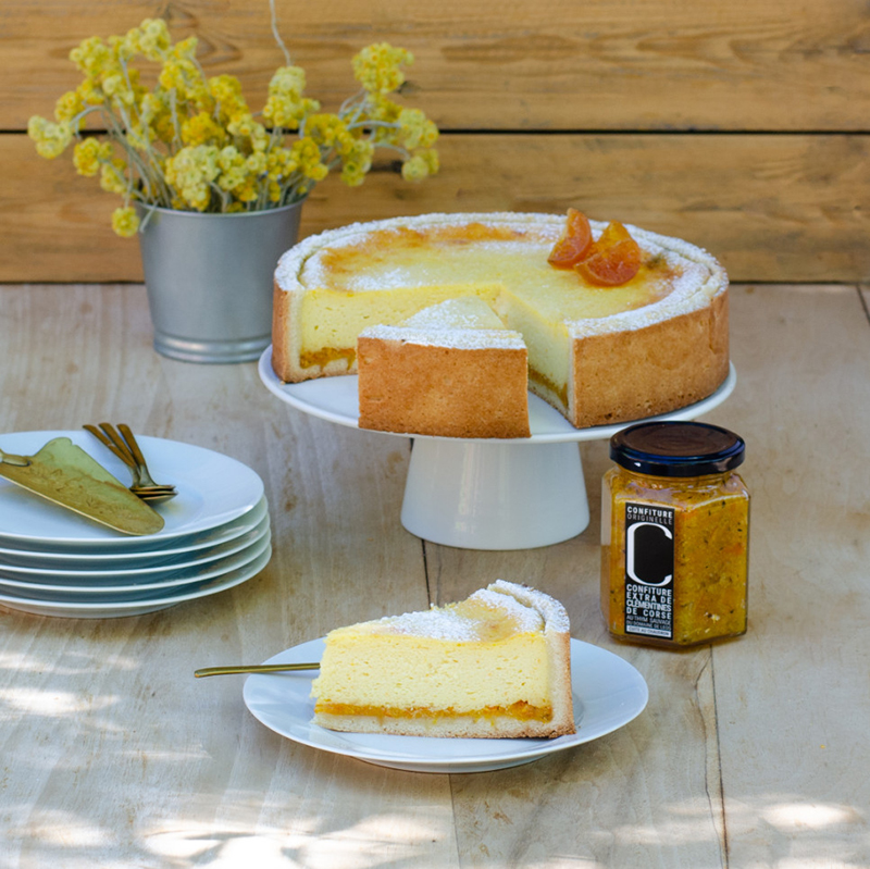 Tarte à la brousse confiture de clémentines de Corse du Domaine de Leos, façon fiadone