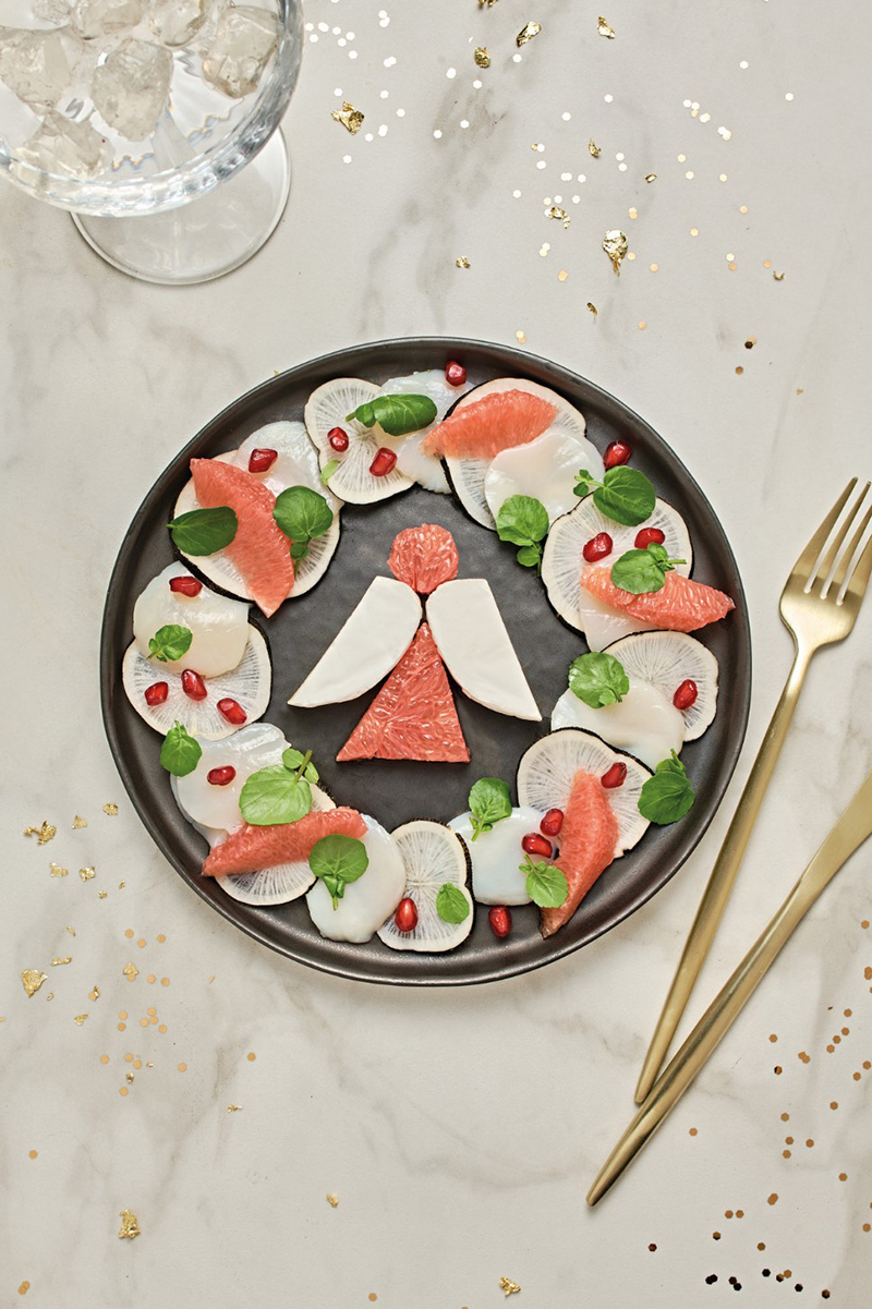 Carpaccio de Saint-Jacques, radis noir marinés pamplemousse Mini Caprice
