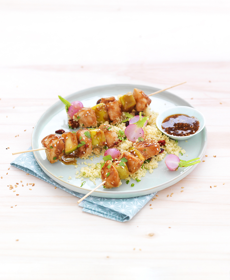 Mini-brochettes de poulet pommes au miel