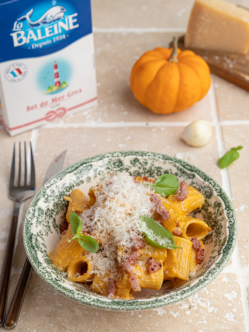 Rigatonis façon carbonara courge butternut