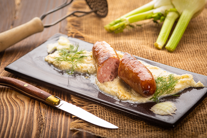 Saucisse de Montbéliard grillée mousseline de fenouil