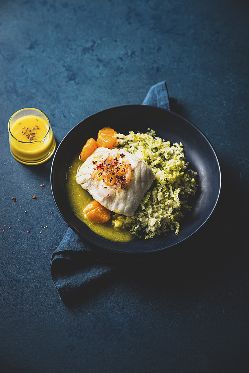 Skrei de Norvège mandarine embeurrée de chou vert