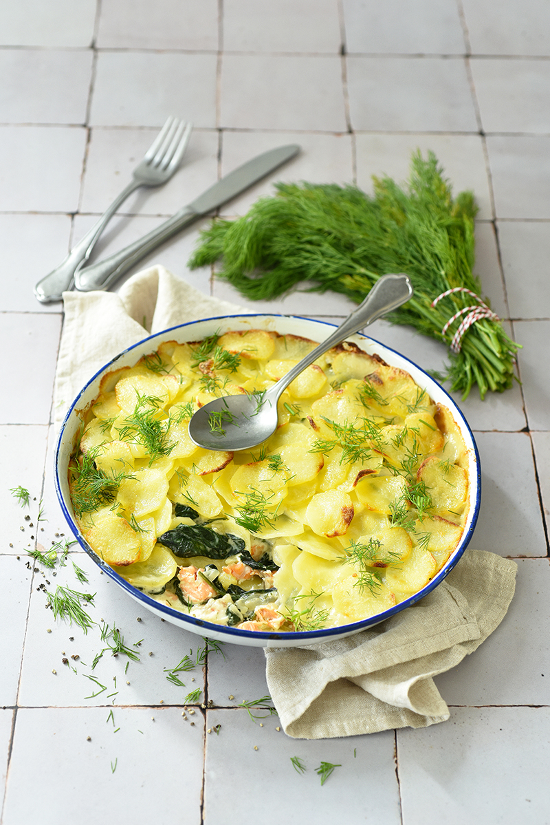 Gratin de Pompadour Label Rouge, saumon épinards à l’aneth