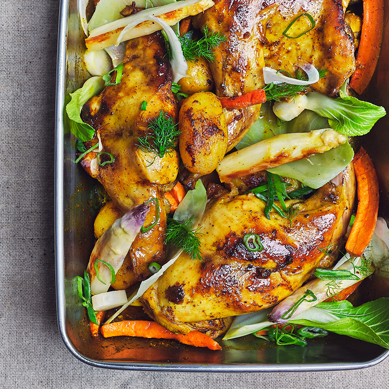 Lapin rôti légumes de saison rôtis épices colombo