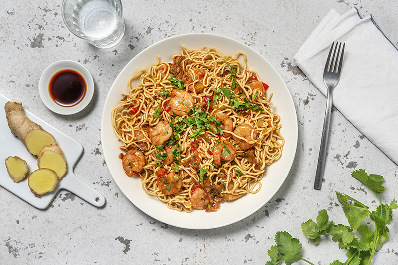 Nouilles épicées sautées crevettes poireaux