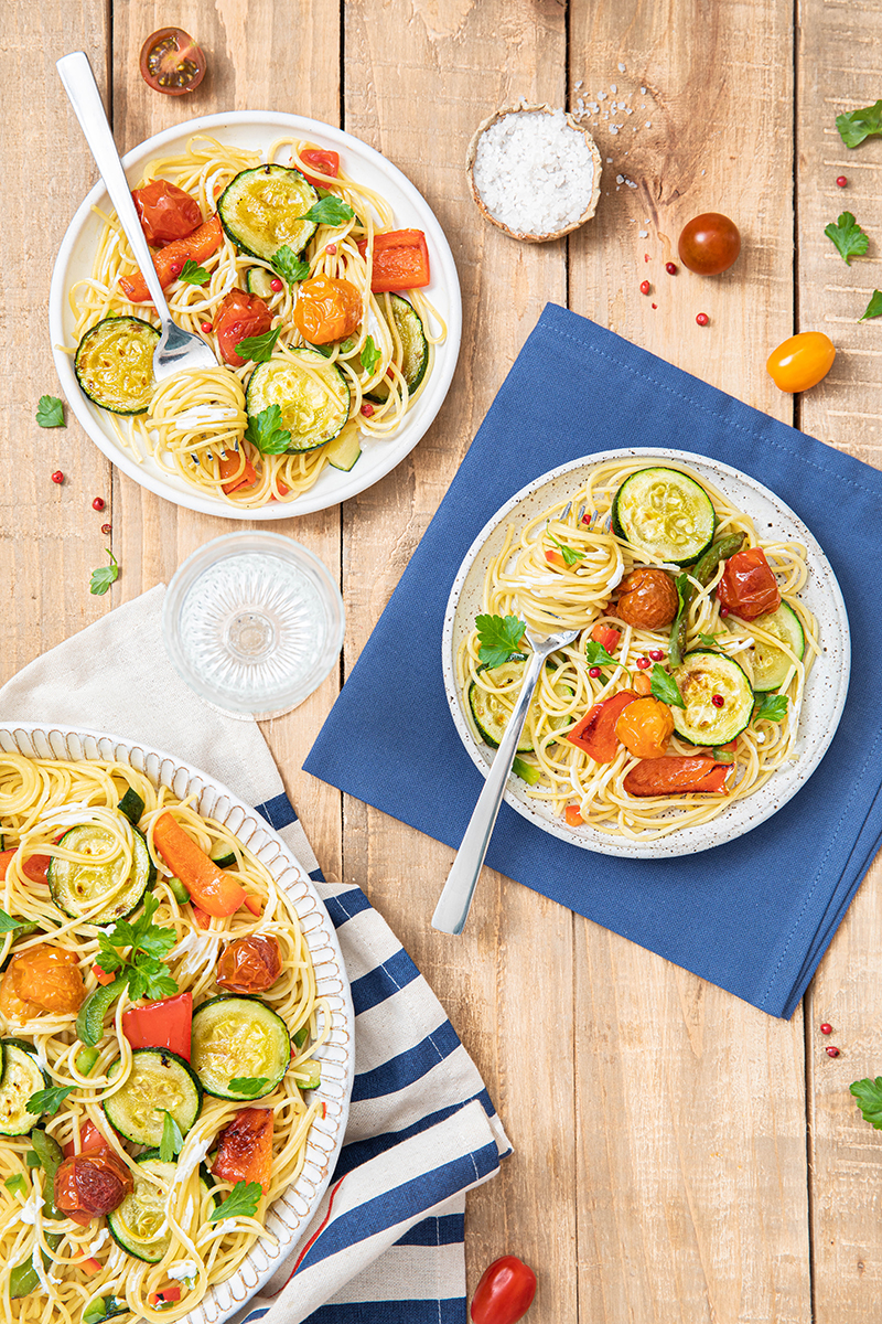 Les bons Spaghetti légumes grillés fromage frais