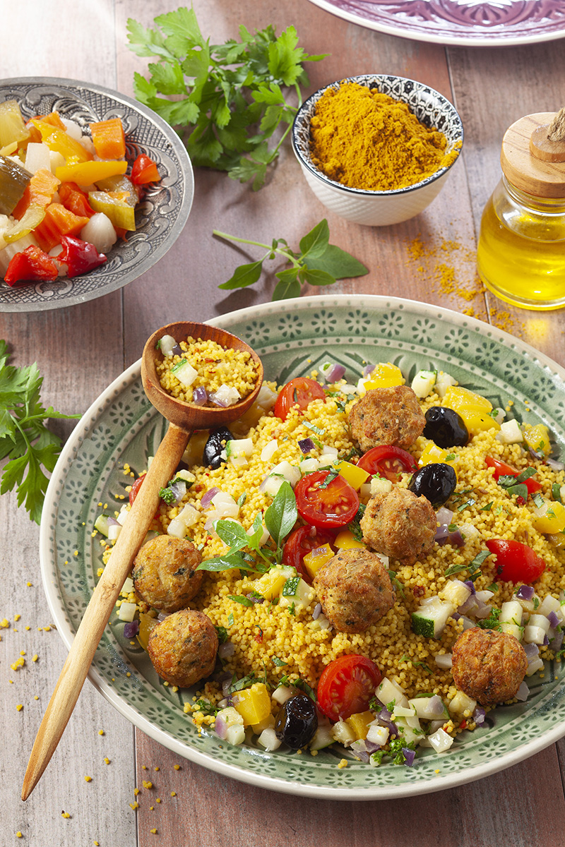 Couscous parfumé Épices du Monde légumes d’été falafels