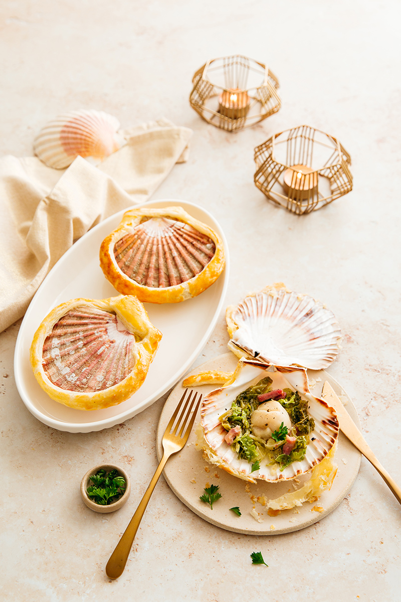 Saint-Jacques lutées coquilles chou lard