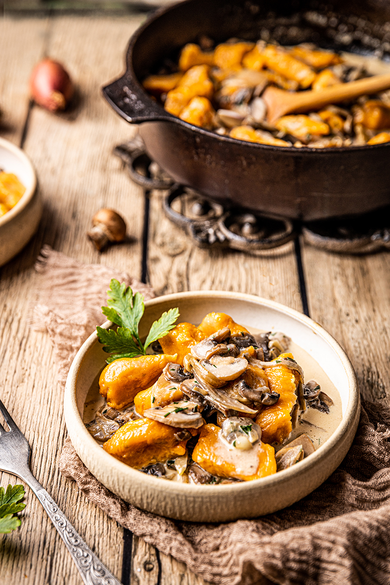 Gnocchis patate douce sauce crémeuse champignons