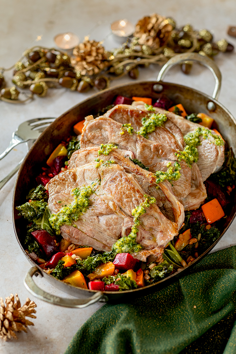 Tranches de gigot d’agneau, pesto pistache