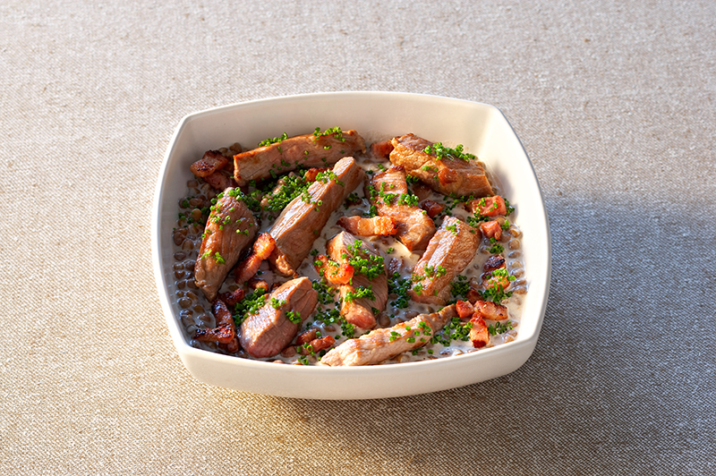 Crème de lentilles porc lard fumé
