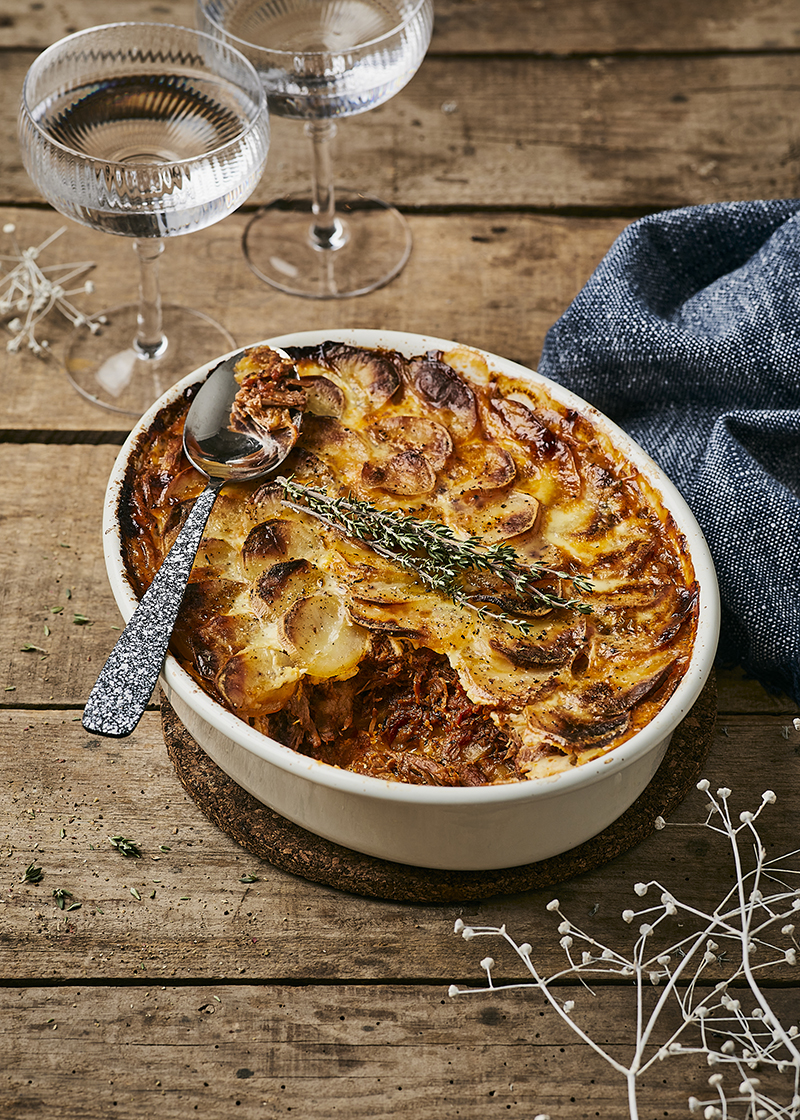 Gratin d’effiloché d’agneau confit pommes de terre