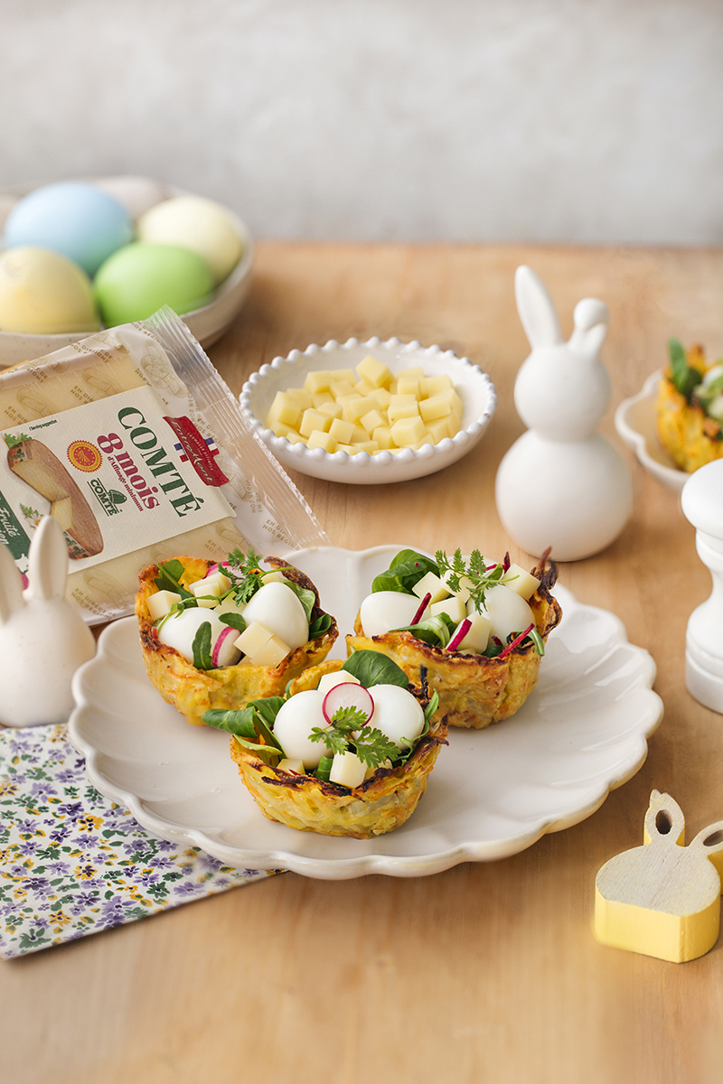 Rösti cup, pomme de terre, carotte, Comté AOP Fruité Entremont œuf de caille