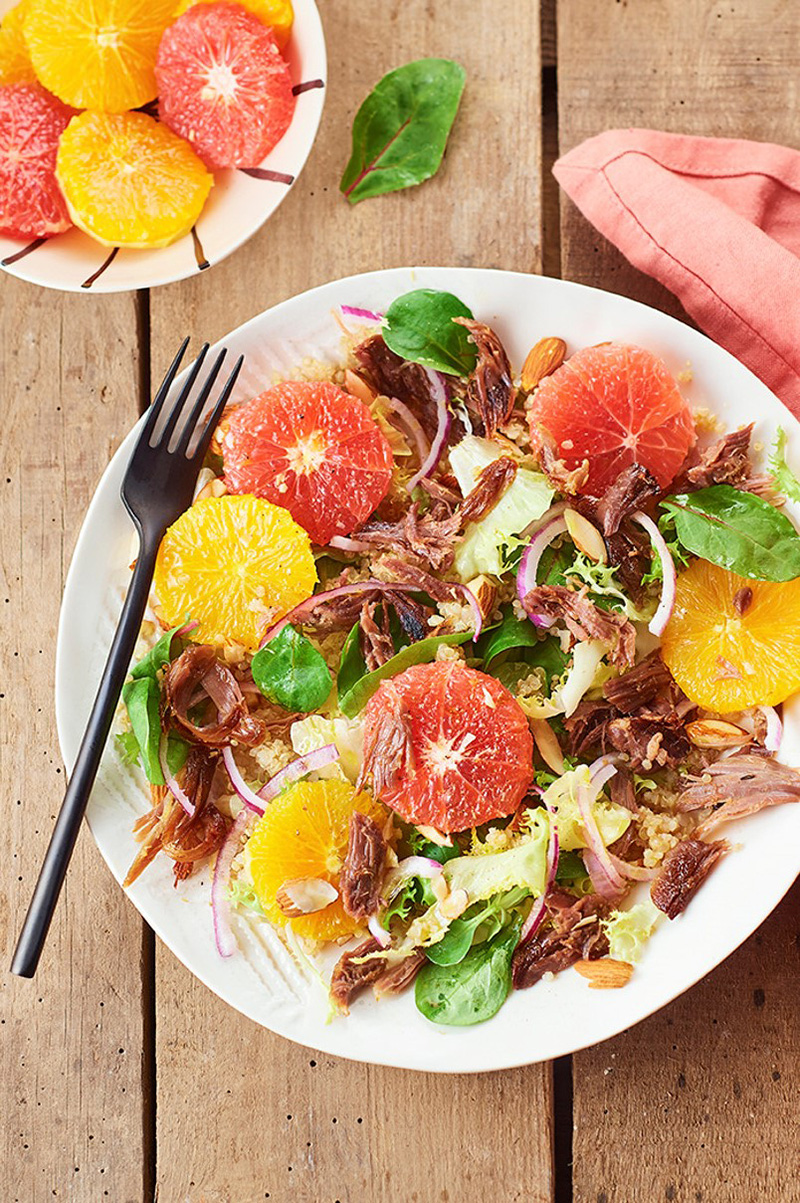 Salade confit de canard cœurs d’orange pamplemousse